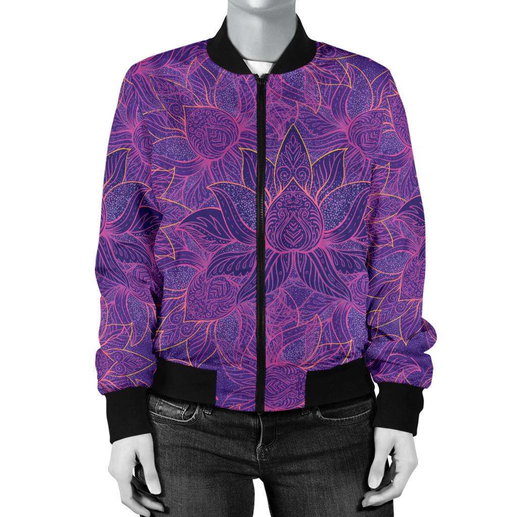 Bohemian Lotus Mandala Style Women Casual Bomber Jacket