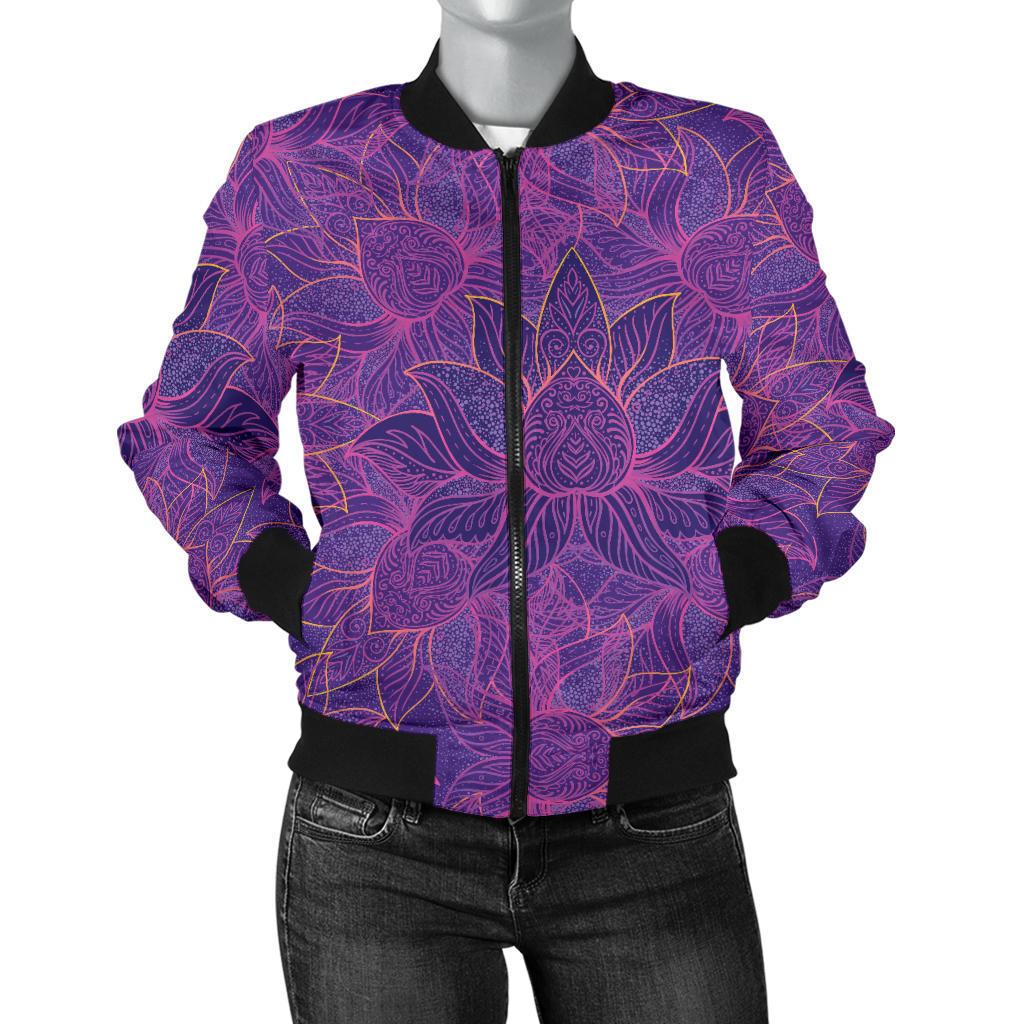 Bohemian Lotus Mandala Style Women Casual Bomber Jacket
