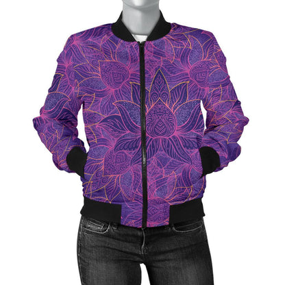 Bohemian Lotus Mandala Style Women Casual Bomber Jacket