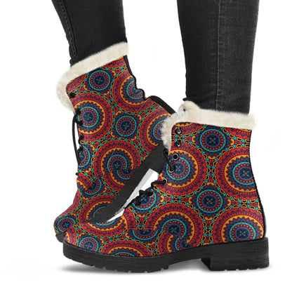 Bohemian Mandala Style Print Faux Fur Leather Boots-JTAMIGO.COM