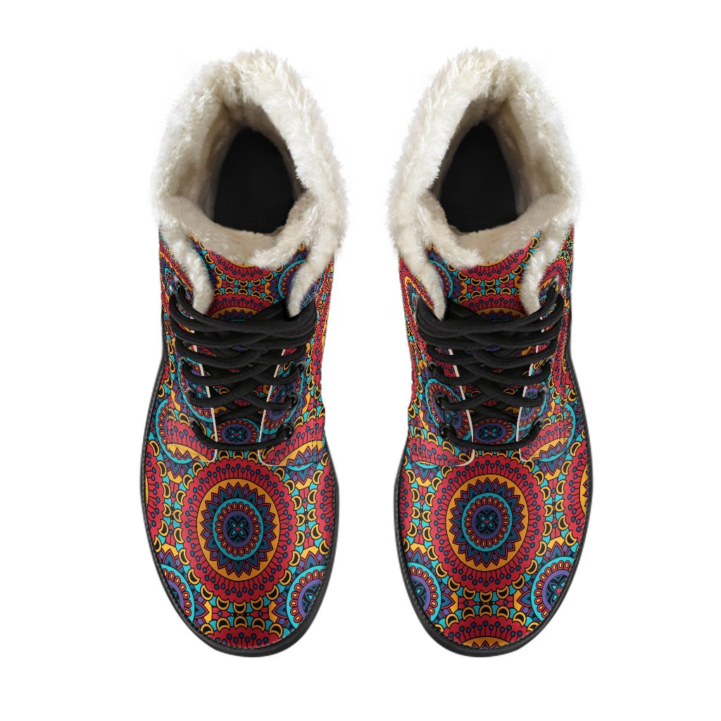 Bohemian Mandala Style Print Faux Fur Leather Boots-JTAMIGO.COM