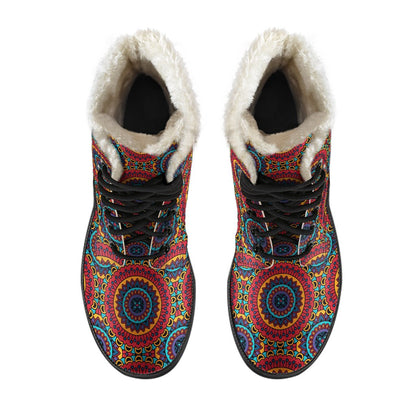 Bohemian Mandala Style Print Faux Fur Leather Boots-JTAMIGO.COM