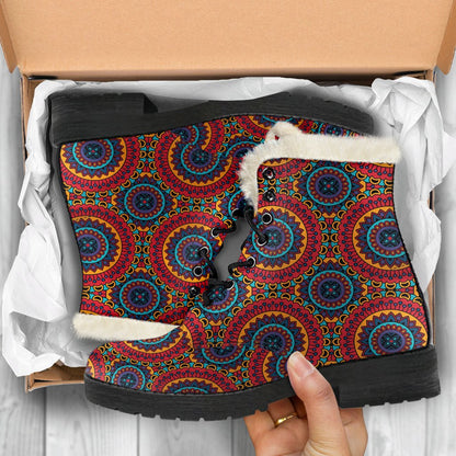 Bohemian Mandala Style Print Faux Fur Leather Boots-JTAMIGO.COM