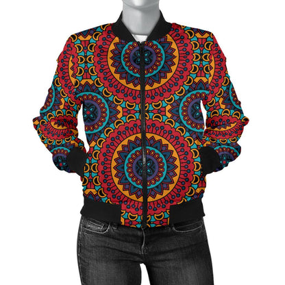 Bohemian Mandala Style Print Women Casual Bomber Jacket