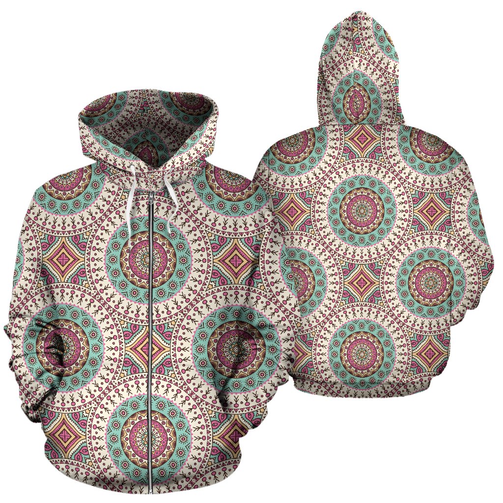 Bohemian Round Style Print Zip Up Hoodie