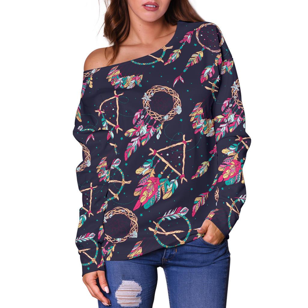 Boho Dream Catcher Colorful Off Shoulder Sweatshirt