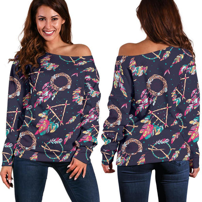 Boho Dream Catcher Colorful Off Shoulder Sweatshirt