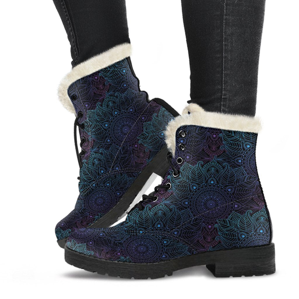 Boho Floral Mandala Faux Fur Leather Boots-JTAMIGO.COM