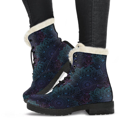 Boho Floral Mandala Faux Fur Leather Boots-JTAMIGO.COM