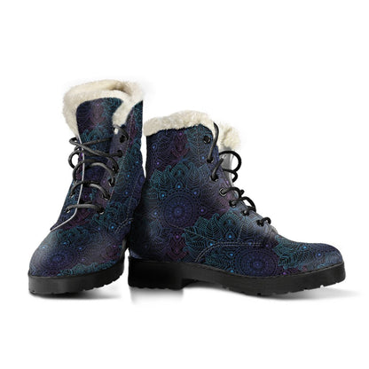 Boho Floral Mandala Faux Fur Leather Boots-JTAMIGO.COM