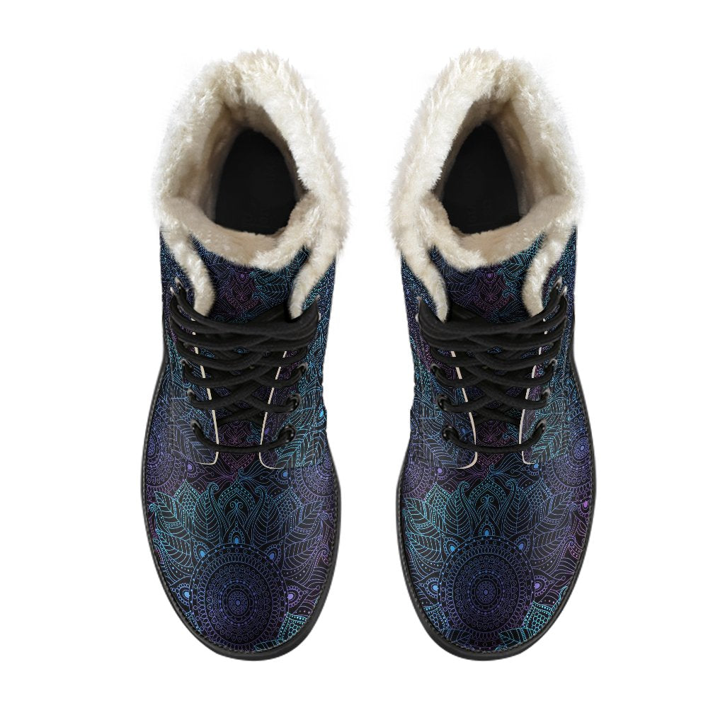 Boho Floral Mandala Faux Fur Leather Boots-JTAMIGO.COM