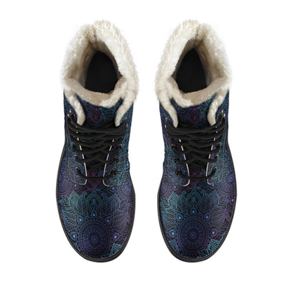 Boho Floral Mandala Faux Fur Leather Boots-JTAMIGO.COM