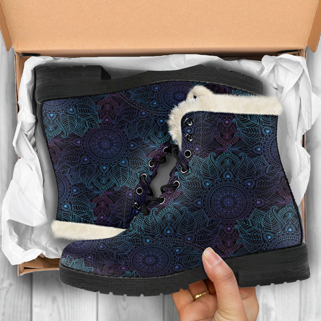 Boho Floral Mandala Faux Fur Leather Boots-JTAMIGO.COM