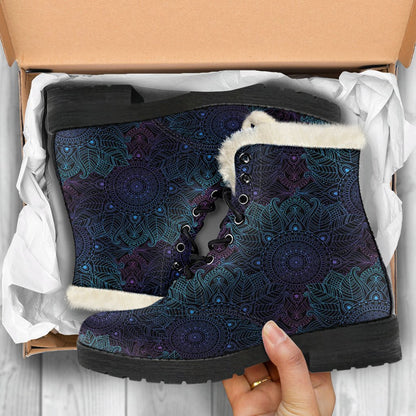 Boho Floral Mandala Faux Fur Leather Boots-JTAMIGO.COM