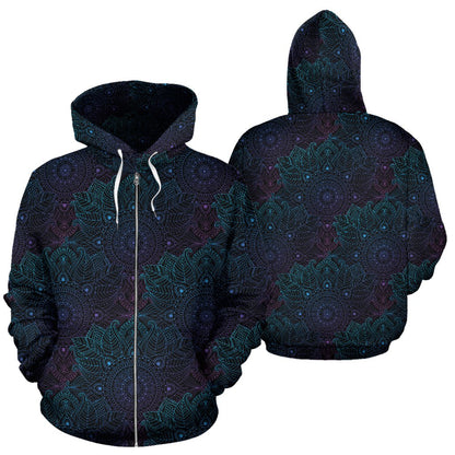 Boho Floral Mandala Zip Up Hoodie