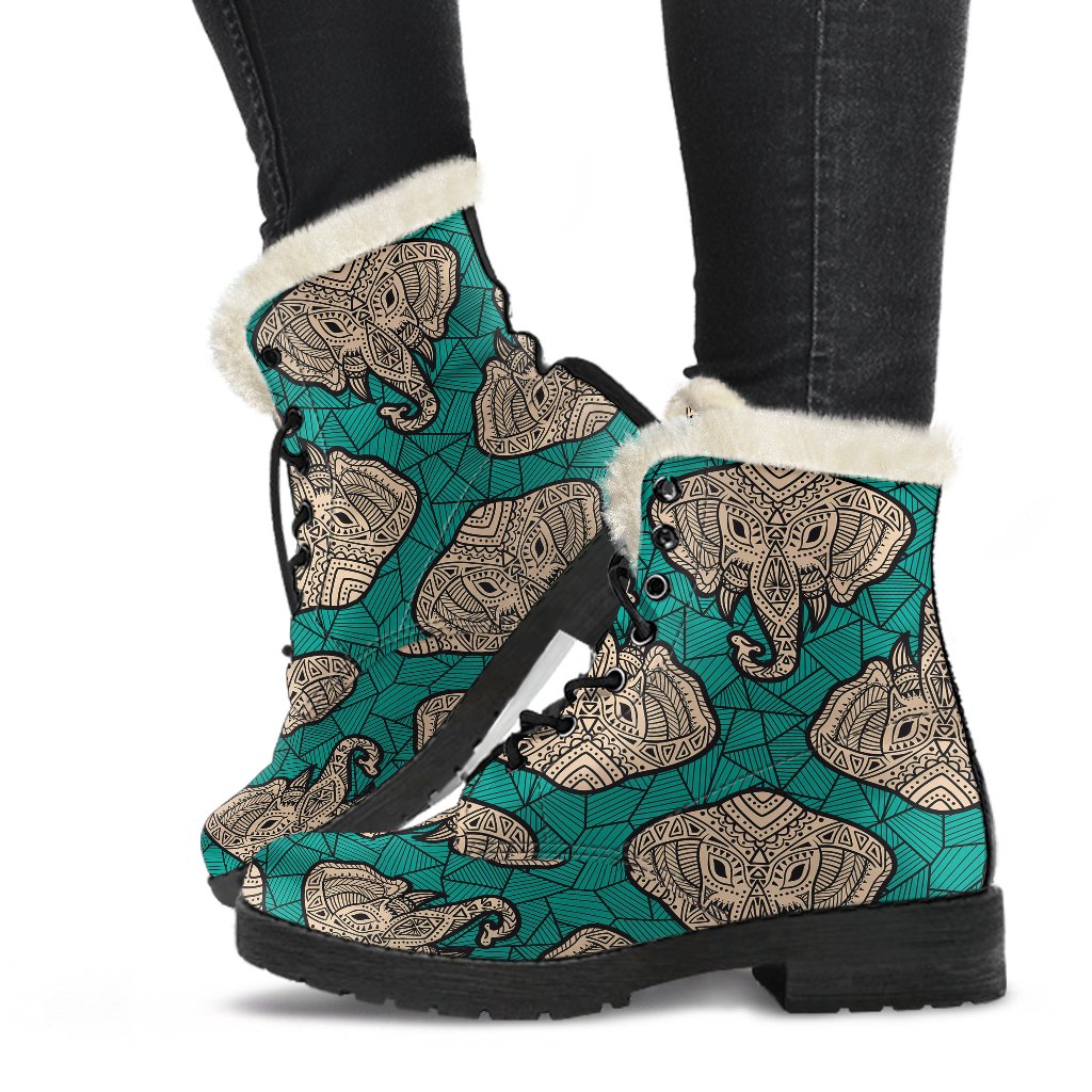 Boho Head Elephant Faux Fur Leather Boots-JTAMIGO.COM