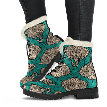 Boho Head Elephant Faux Fur Leather Boots-JTAMIGO.COM