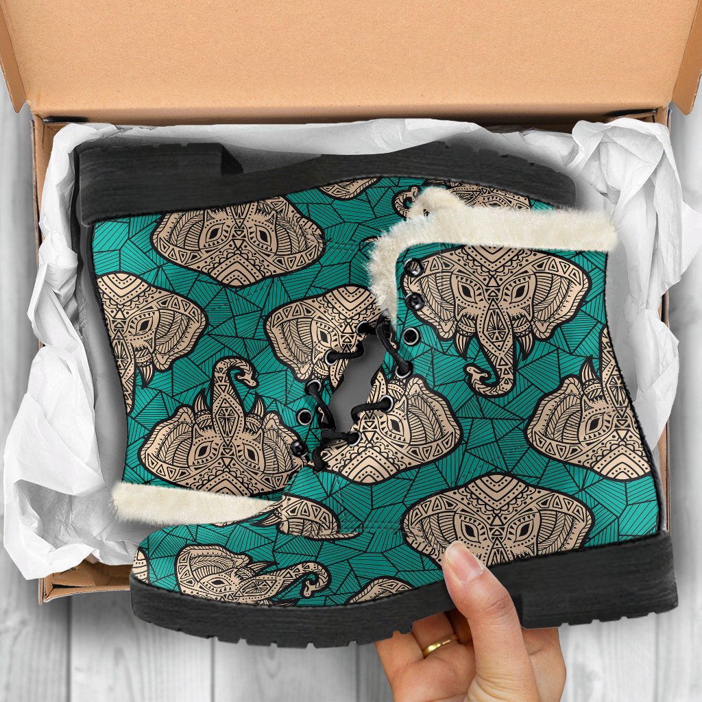 Boho Head Elephant Faux Fur Leather Boots-JTAMIGO.COM