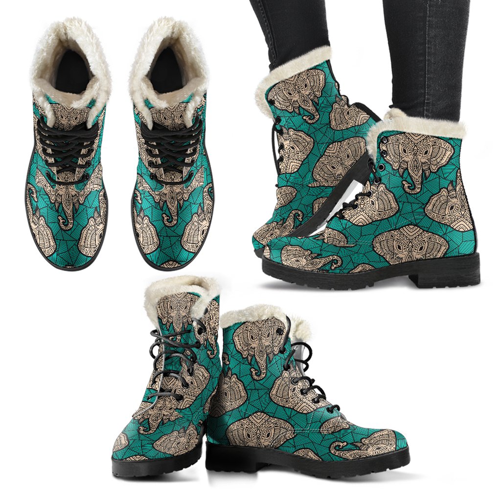 Boho Head Elephant Faux Fur Leather Boots-JTAMIGO.COM