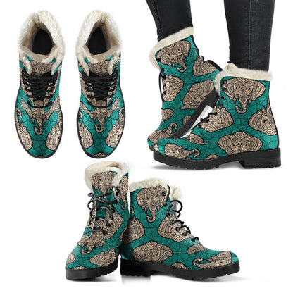 Boho Head Elephant Faux Fur Leather Boots-JTAMIGO.COM