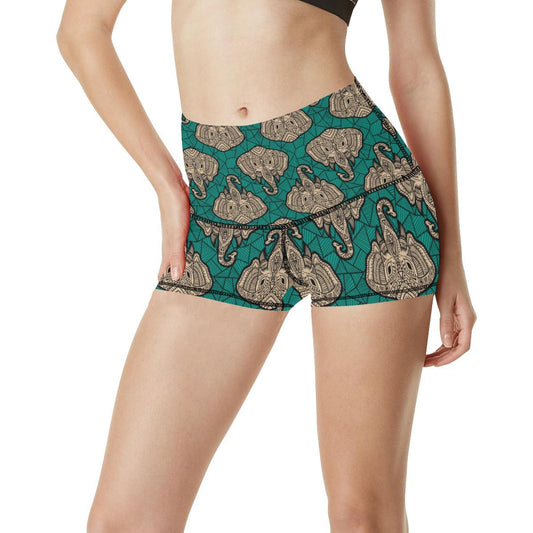 Boho Head Elephant High Waisted Spandex Shorts-JTAMIGO.COM