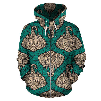 Boho Head Elephant Zip Up Hoodie