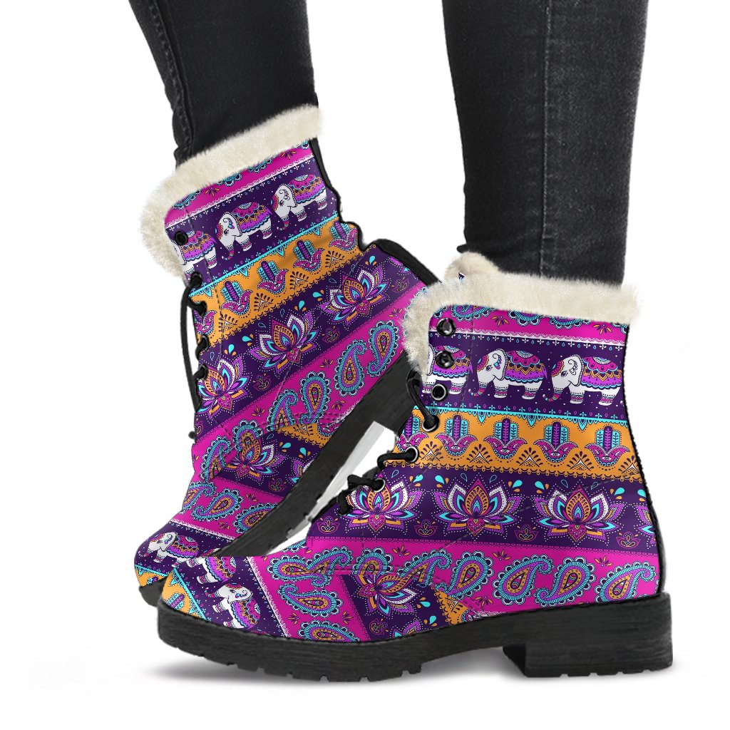 Boho Indian Style Pattern Faux Fur Leather Boots-JTAMIGO.COM