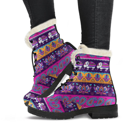 Boho Indian Style Pattern Faux Fur Leather Boots-JTAMIGO.COM