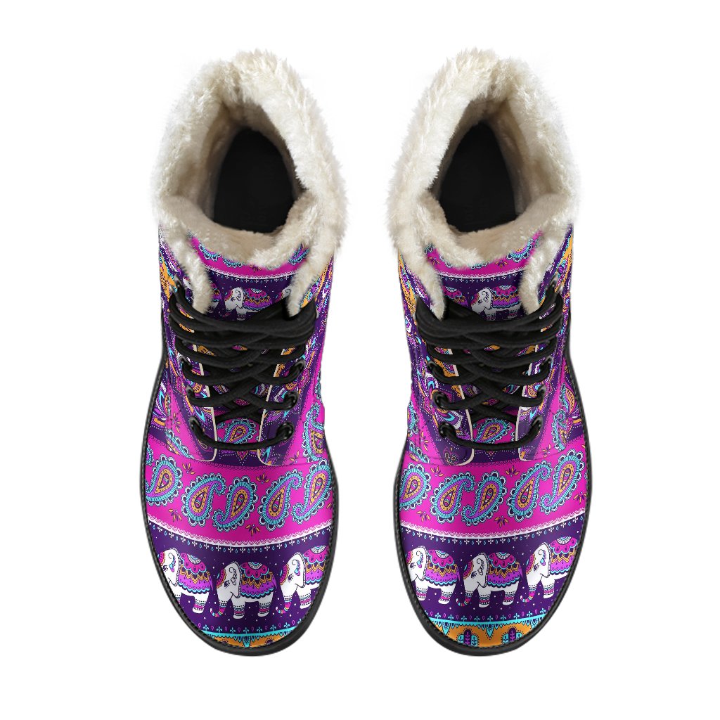 Boho Indian Style Pattern Faux Fur Leather Boots-JTAMIGO.COM
