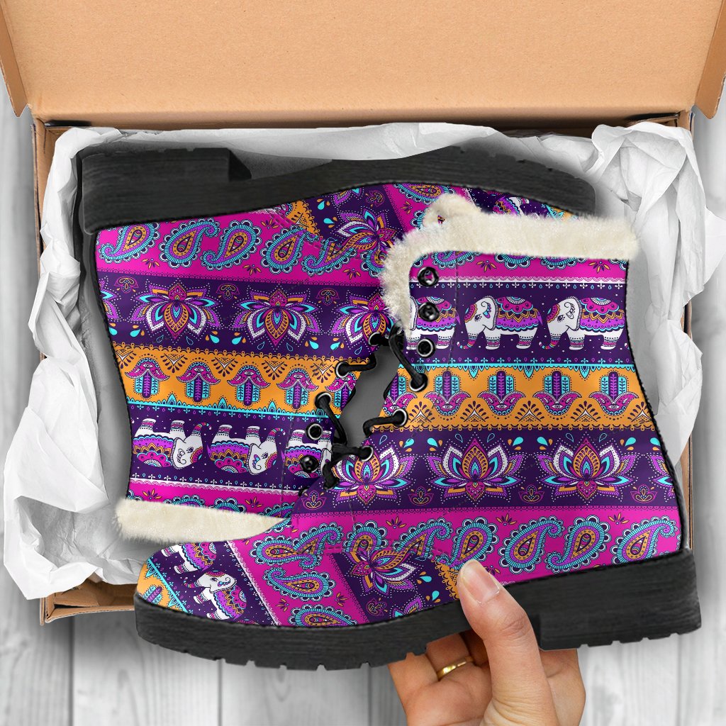 Boho Indian Style Pattern Faux Fur Leather Boots-JTAMIGO.COM