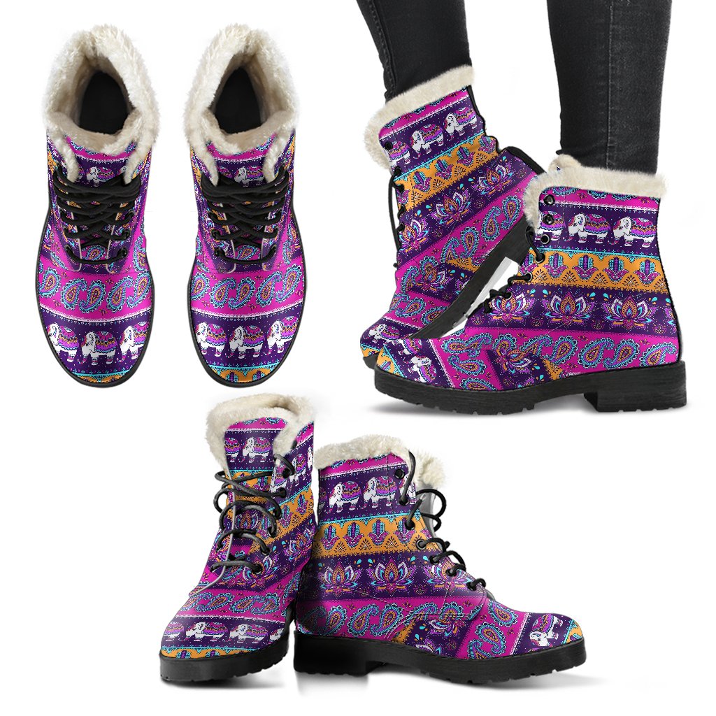 Boho Indian Style Pattern Faux Fur Leather Boots-JTAMIGO.COM