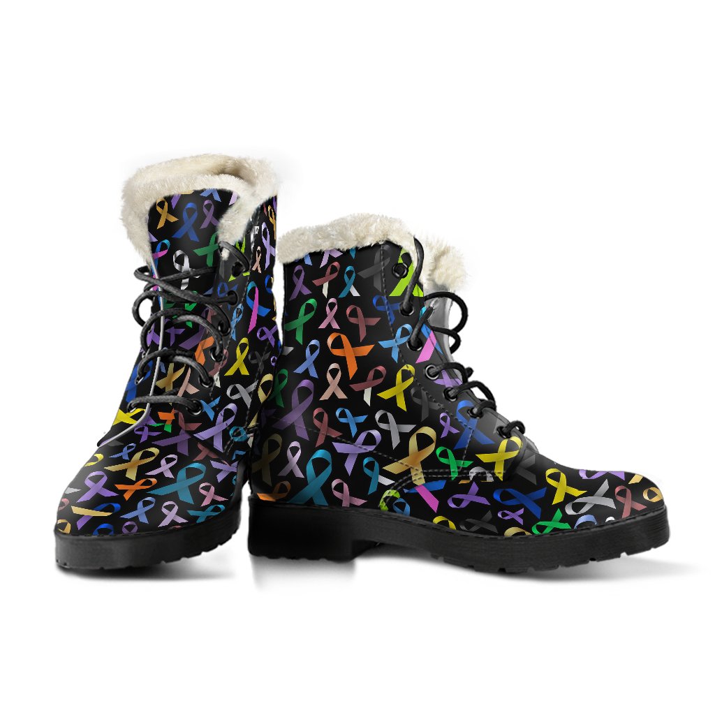 Breast Cancer Awareness Colorful Print Faux Fur Leather Boots-JTAMIGO.COM
