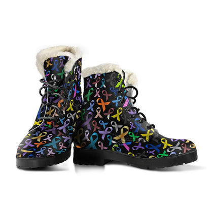 Breast Cancer Awareness Colorful Print Faux Fur Leather Boots-JTAMIGO.COM