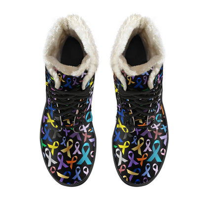 Breast Cancer Awareness Colorful Print Faux Fur Leather Boots-JTAMIGO.COM