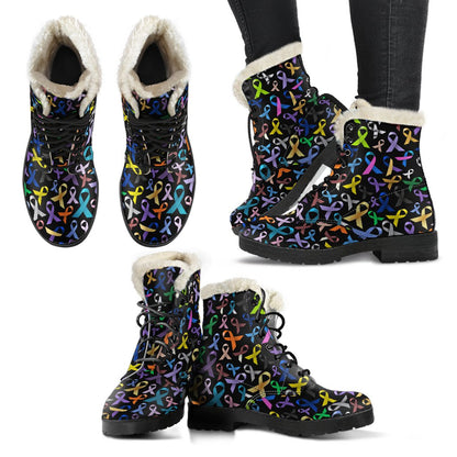 Breast Cancer Awareness Colorful Print Faux Fur Leather Boots-JTAMIGO.COM