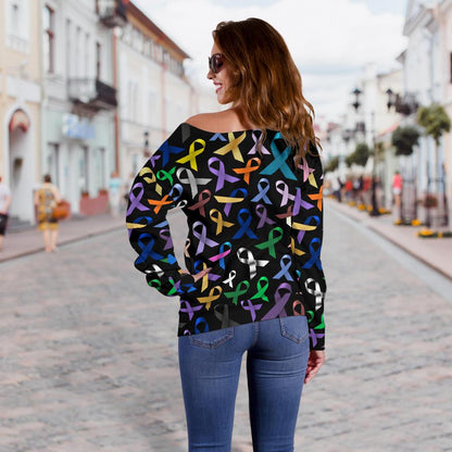 Breast Cancer Awareness Colorful Print Off Shoulder Sweatshirt