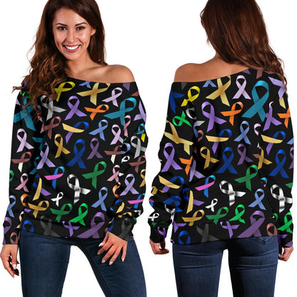 Breast Cancer Awareness Colorful Print Off Shoulder Sweatshirt