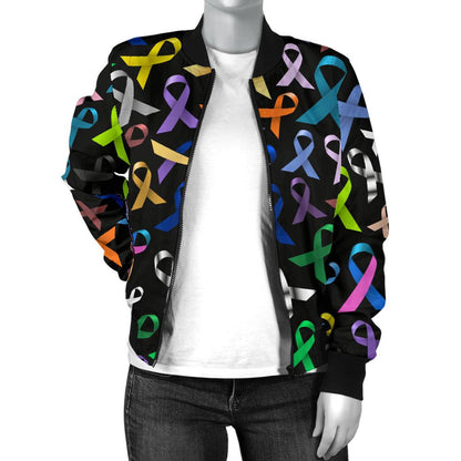 Breast Cancer Awareness Colorful Print Women Casual Bomber Jacket