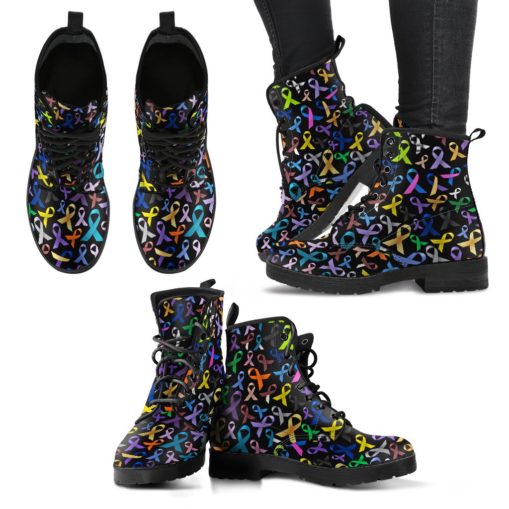 Breast Cancer Awareness Colorful Print Women Leather Boots-JTAMIGO.COM