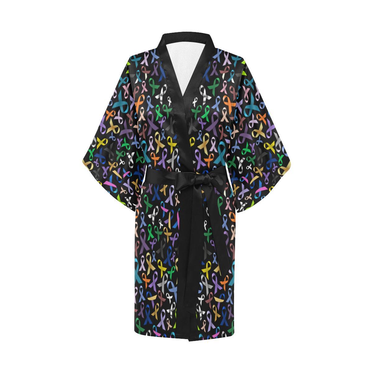 Breast Cancer Awareness Colorful Print Women Short Kimono Robe