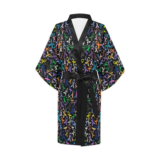 Breast Cancer Awareness Colorful Print Women Short Kimono Robe