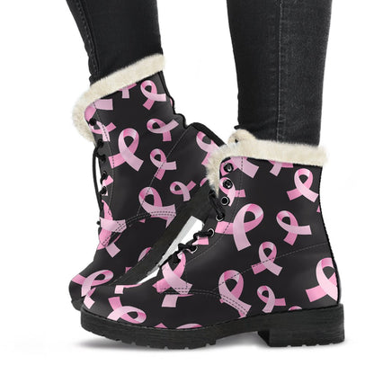Breast Cancer Awareness Design Faux Fur Leather Boots-JTAMIGO.COM
