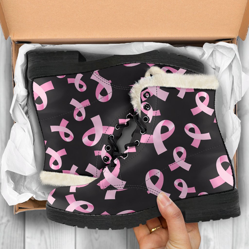 Breast Cancer Awareness Design Faux Fur Leather Boots-JTAMIGO.COM
