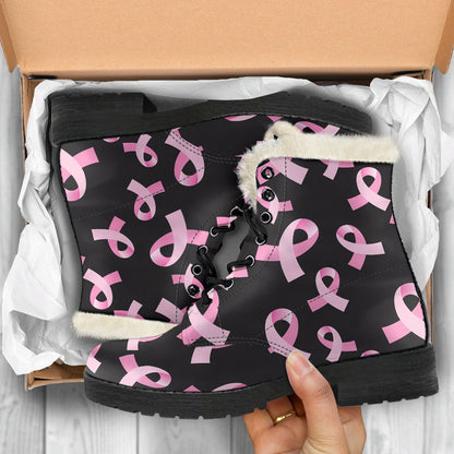 Breast Cancer Awareness Design Faux Fur Leather Boots-JTAMIGO.COM