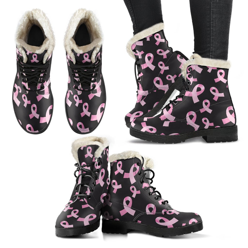 Breast Cancer Awareness Design Faux Fur Leather Boots-JTAMIGO.COM