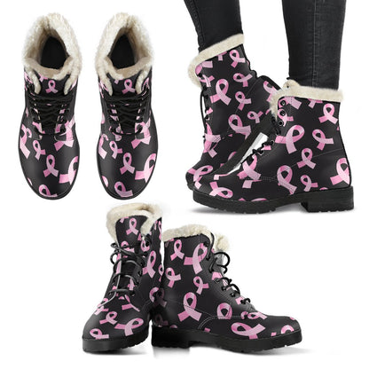 Breast Cancer Awareness Design Faux Fur Leather Boots-JTAMIGO.COM