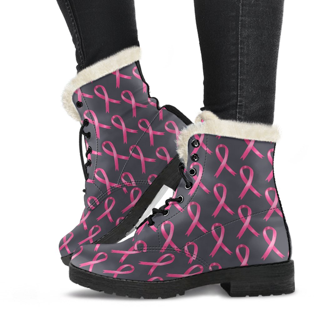 Breast Cancer Awareness Pattern Faux Fur Leather Boots-JTAMIGO.COM