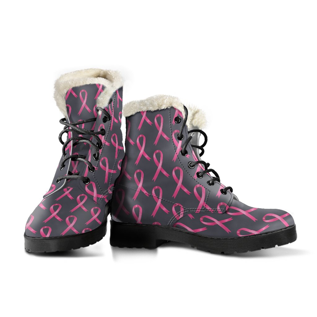 Breast Cancer Awareness Pattern Faux Fur Leather Boots-JTAMIGO.COM