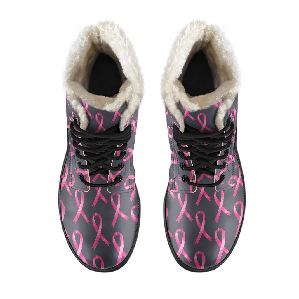 Breast Cancer Awareness Pattern Faux Fur Leather Boots-JTAMIGO.COM