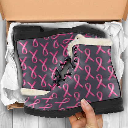 Breast Cancer Awareness Pattern Faux Fur Leather Boots-JTAMIGO.COM